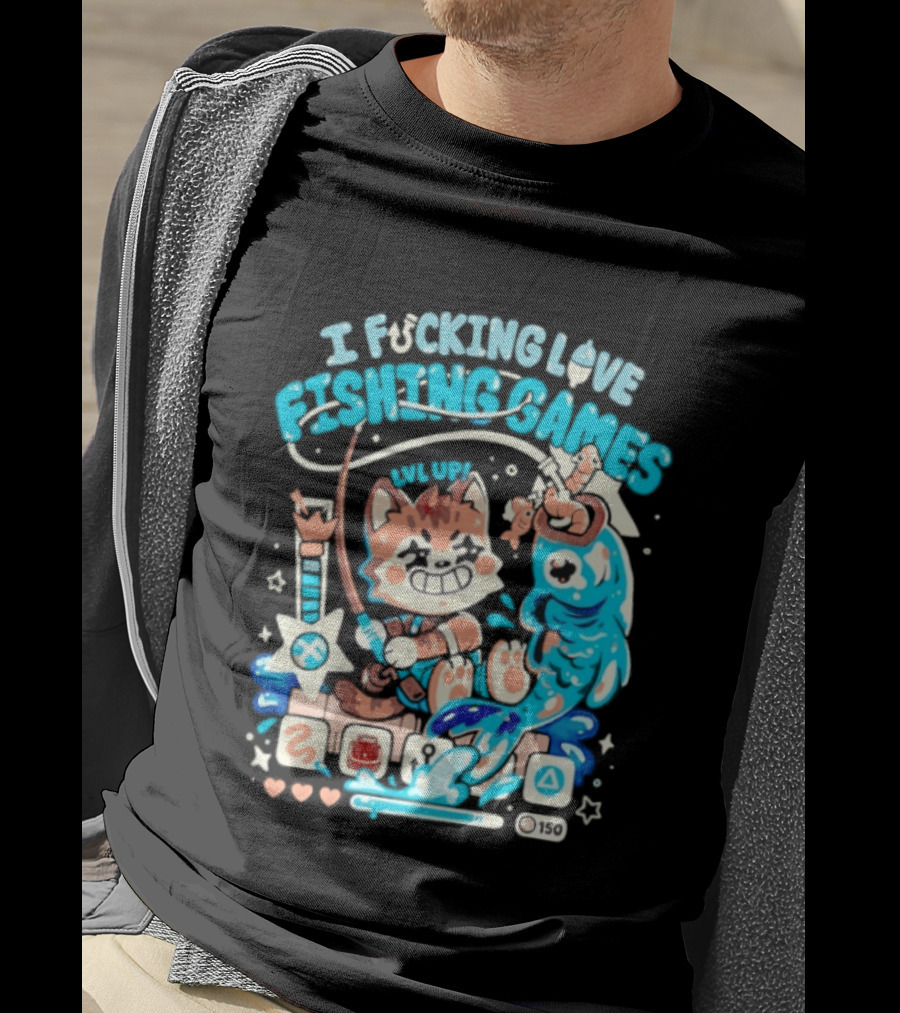 I Fucking Love Fishing Games XP Splash Cute Cat With Fish And Hearts T-Shirt