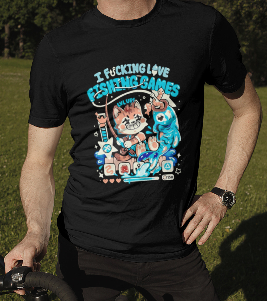 I Fucking Love Fishing Games XP Splash Cute Cat With Fish And Hearts T-Shirt