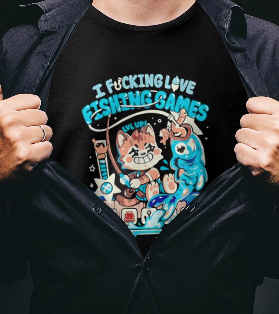 I Fucking Love Fishing Games XP Splash Cute Cat With Fish And Hearts T-Shirt