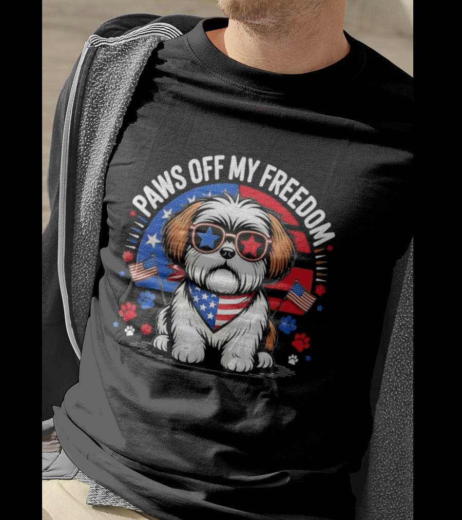Paws Off My Freedom Shih Tzu American Flag Sunglasses Stars And Stripes T-Shirt