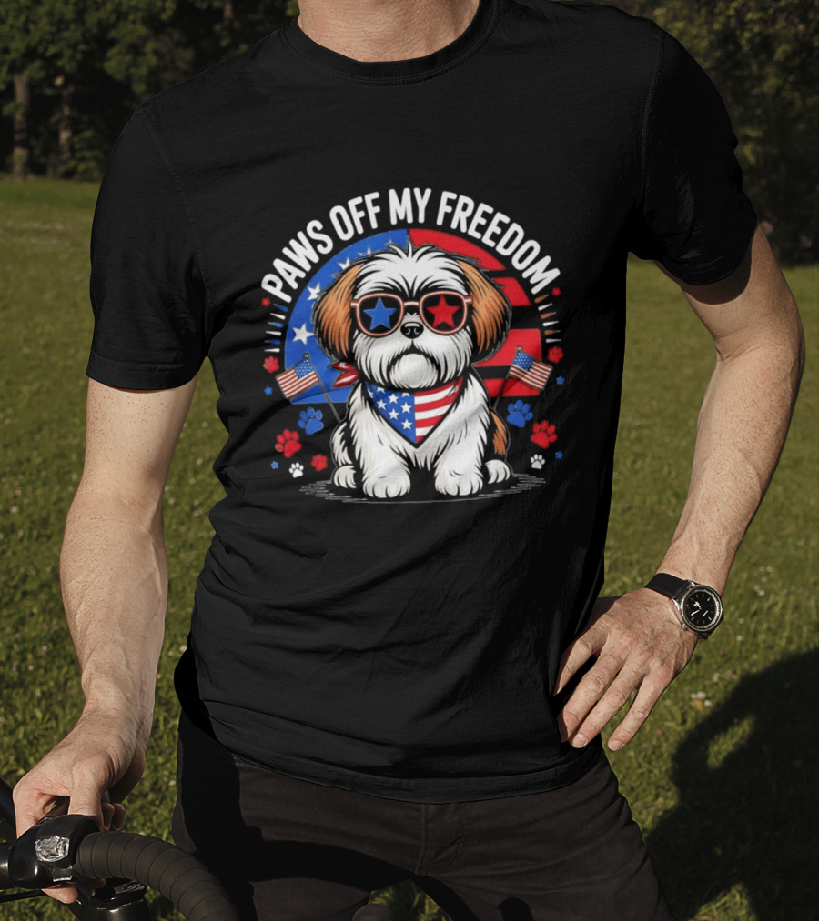Paws Off My Freedom Shih Tzu American Flag Sunglasses Stars And Stripes T-Shirt