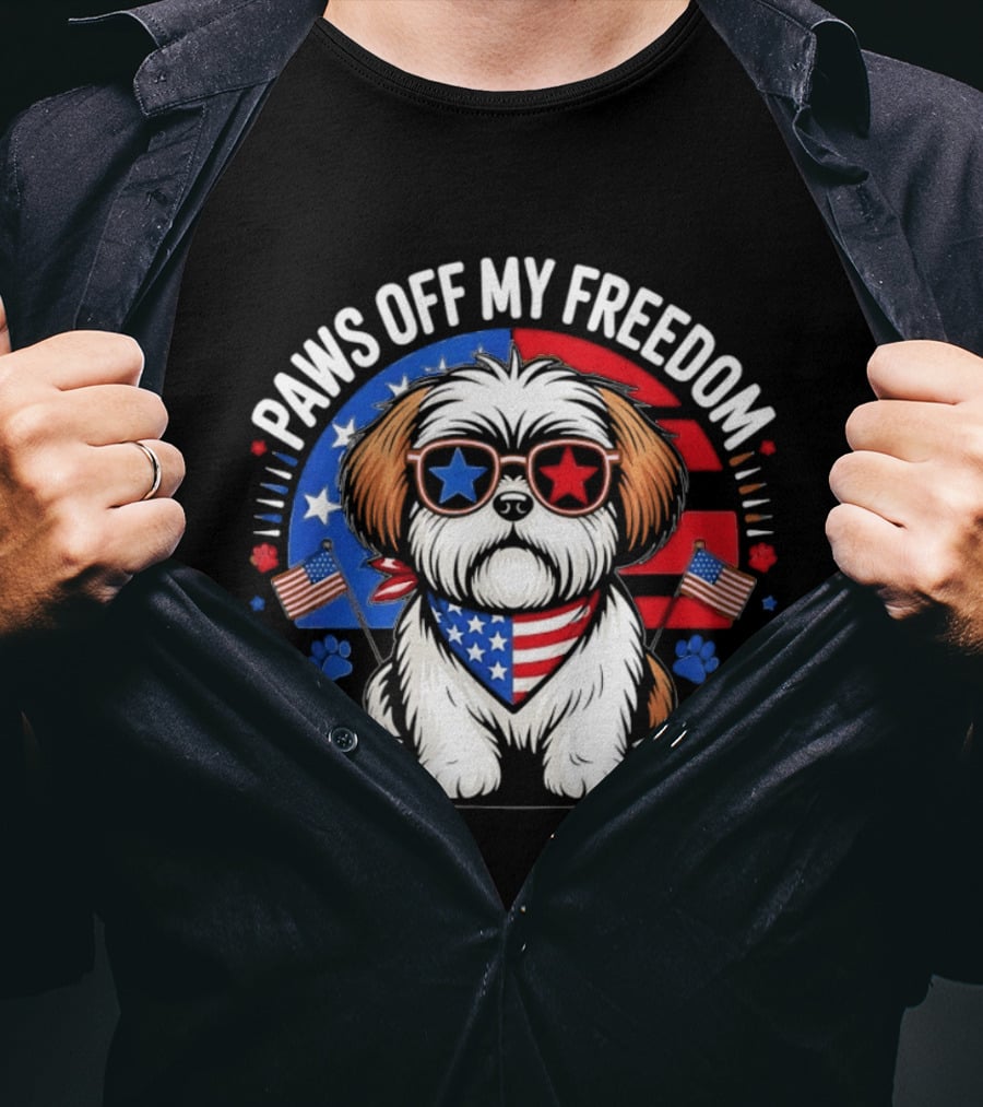 Paws Off My Freedom Shih Tzu American Flag Sunglasses Stars And Stripes T-Shirt
