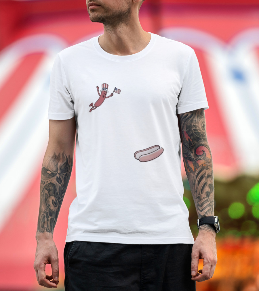 Hot Dog Wearing USA Flag Hat Jumping With American Spirit T-Shirt