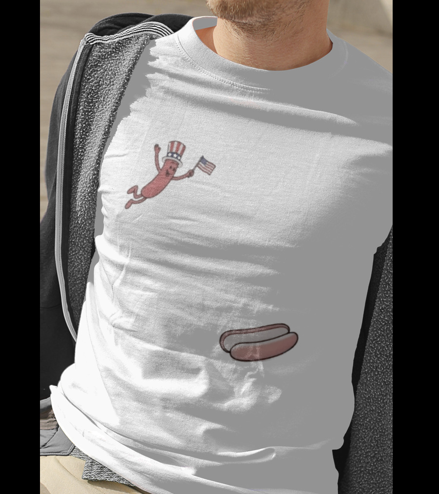 Hot Dog Wearing USA Flag Hat Jumping With American Spirit T-Shirt