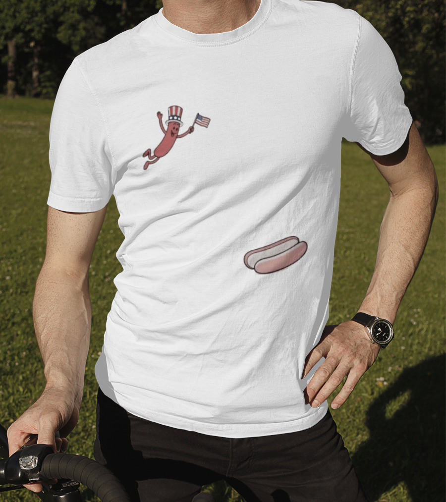 Hot Dog Wearing USA Flag Hat Jumping With American Spirit T-Shirt