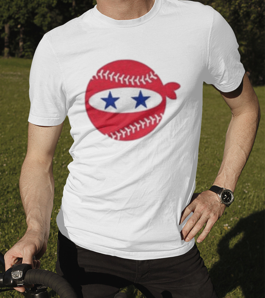 Pitching Ninja Baseball Two Blue Stars Red Baseball Stitches T-Shirt