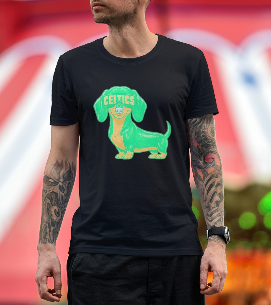Boston Celtics Dachshund Cartoon Glasses T-Shirt