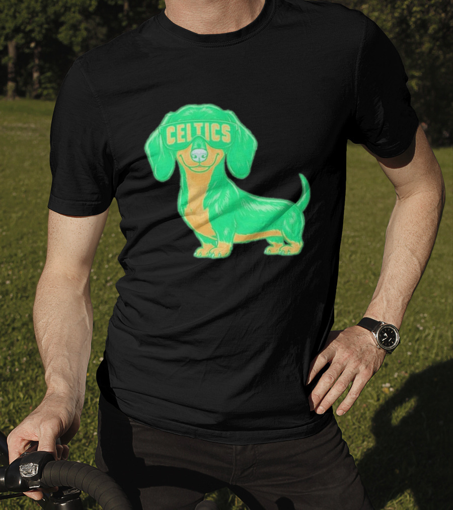 Boston Celtics Dachshund Cartoon Glasses T-Shirt