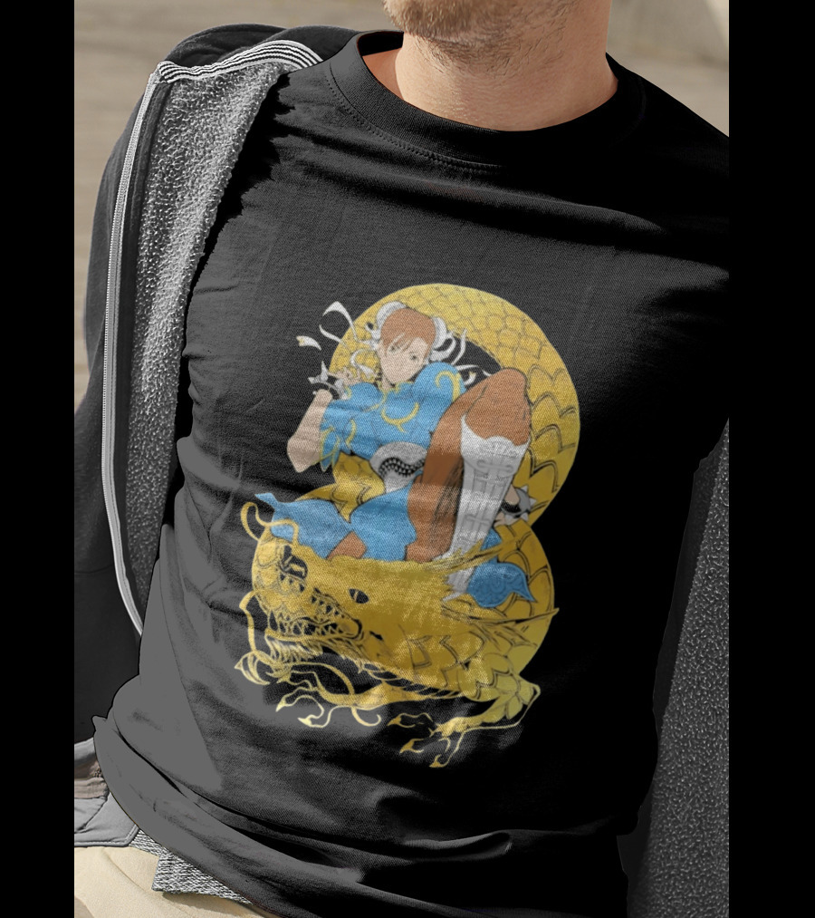Chun Li Gold Dragon Kick Fighter Blue Outfit Gold Dragon T-Shirt