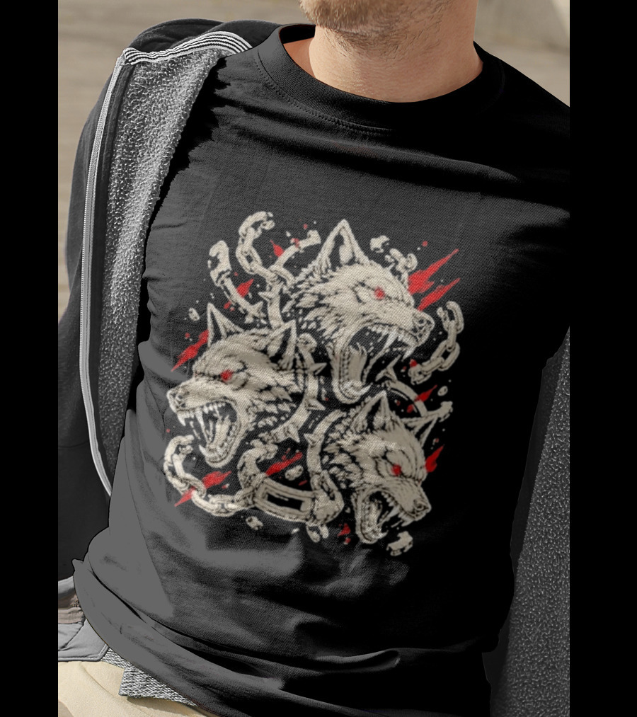 Three Headed Wolf Cerberus Mythical Beast Chains And Red Accents T-Shirt