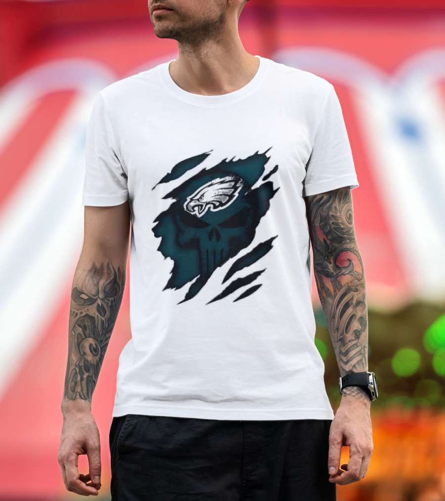 Philadelphia Eagles Punisher Skull Ripped Effect NFL Team Merchandise T-Shirt