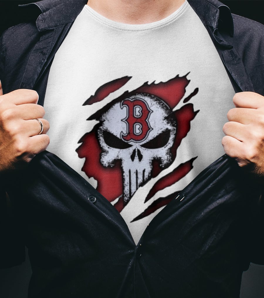 Boston Red Sox Skull Punisher Shredded Effect T-Shirt