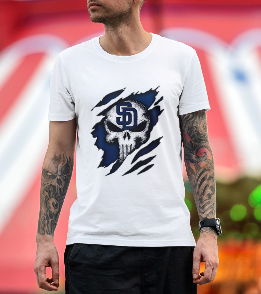 SD Punisher Skull Ripped Fabric San Diego Padres T-Shirt