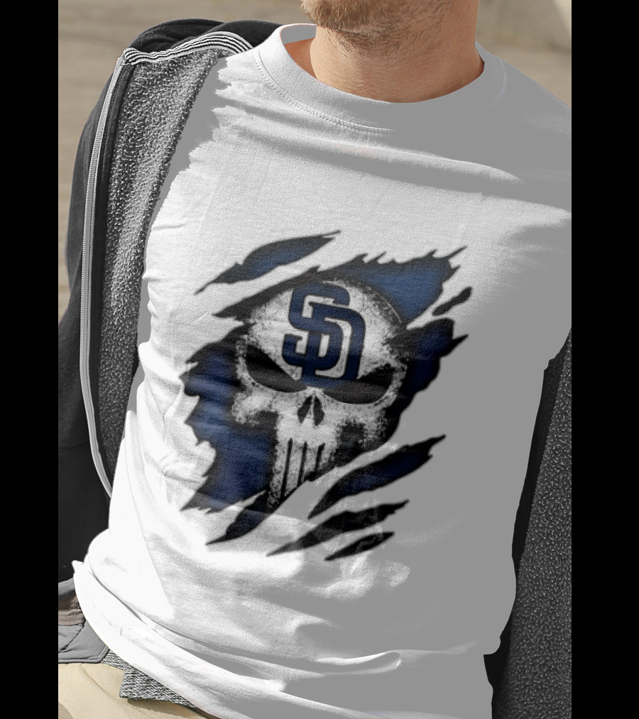 SD Punisher Skull Ripped Fabric San Diego Padres T-Shirt