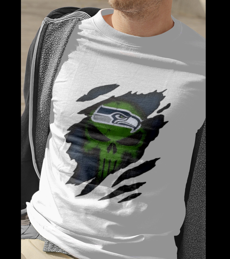 Seattle Seahawks Punisher Skull Ripped Fabric T-Shirt