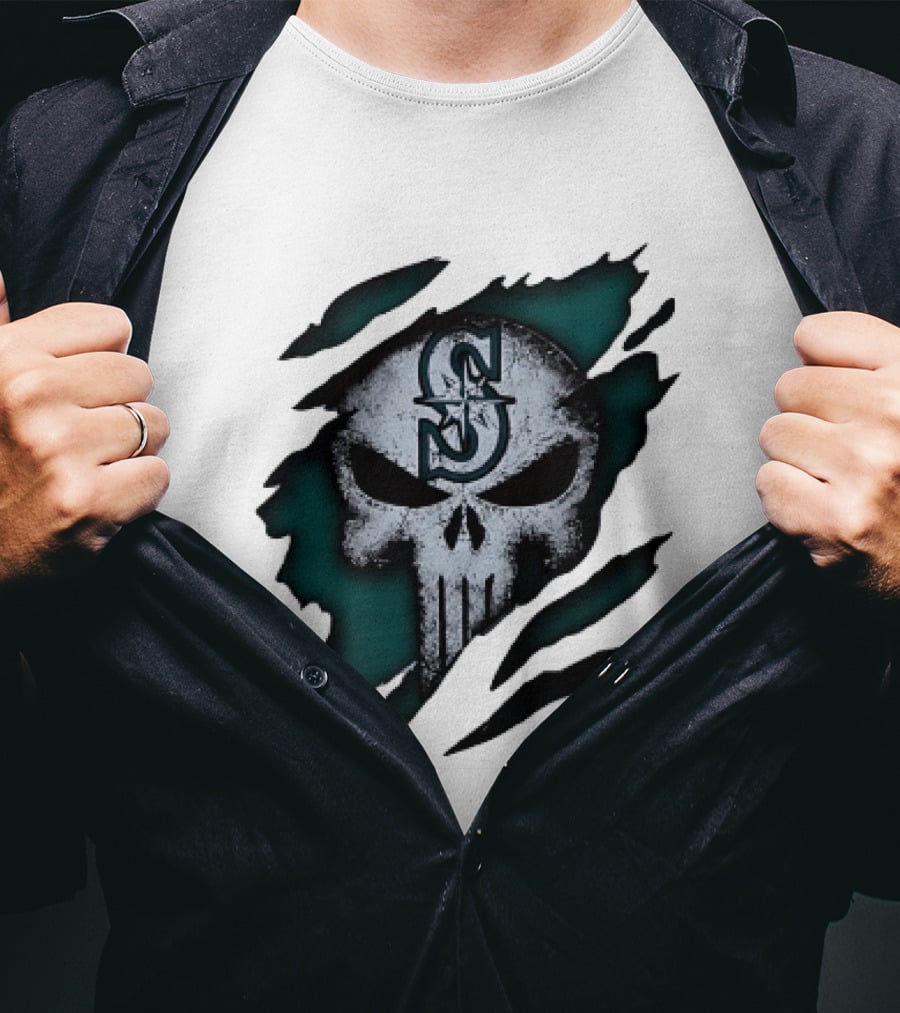 Seattle Mariners Punisher Skull Grunge Tear Effect T-Shirt
