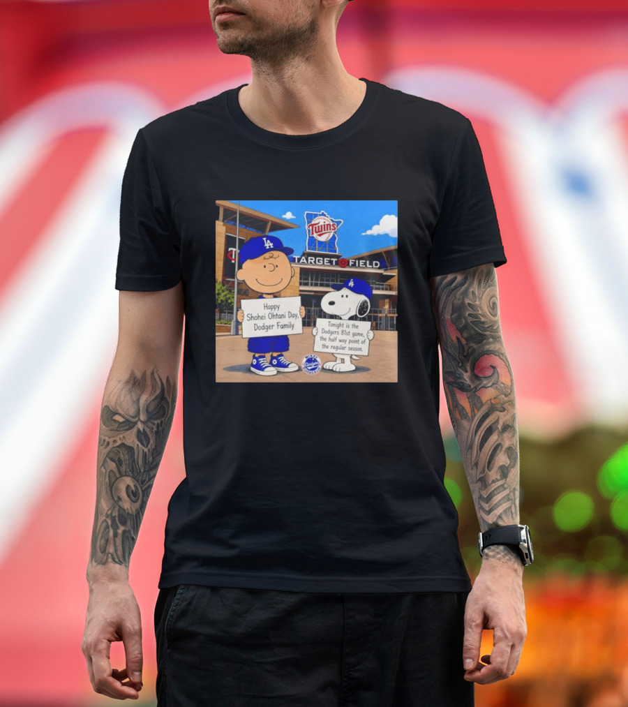 Snoopy And Charlie Brown Happy Shohei Ohtani Day Dodgers Twins Target Field T-Shirt