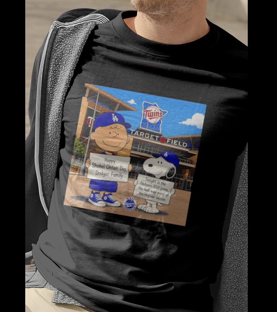 Snoopy And Charlie Brown Happy Shohei Ohtani Day Dodgers Twins Target Field T-Shirt