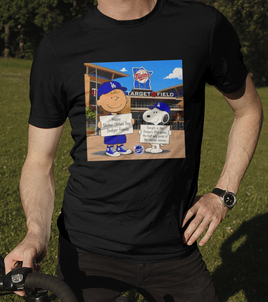 Snoopy And Charlie Brown Happy Shohei Ohtani Day Dodgers Twins Target Field T-Shirt