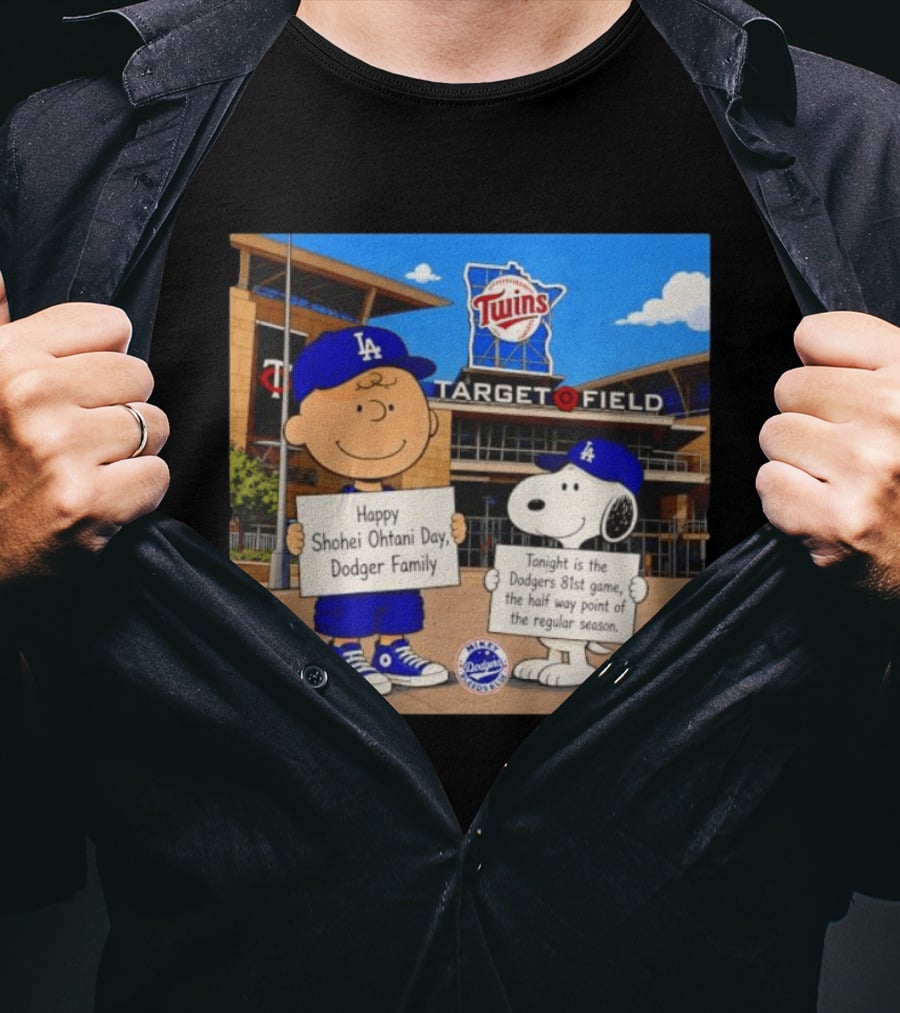 Snoopy And Charlie Brown Happy Shohei Ohtani Day Dodgers Twins Target Field T-Shirt