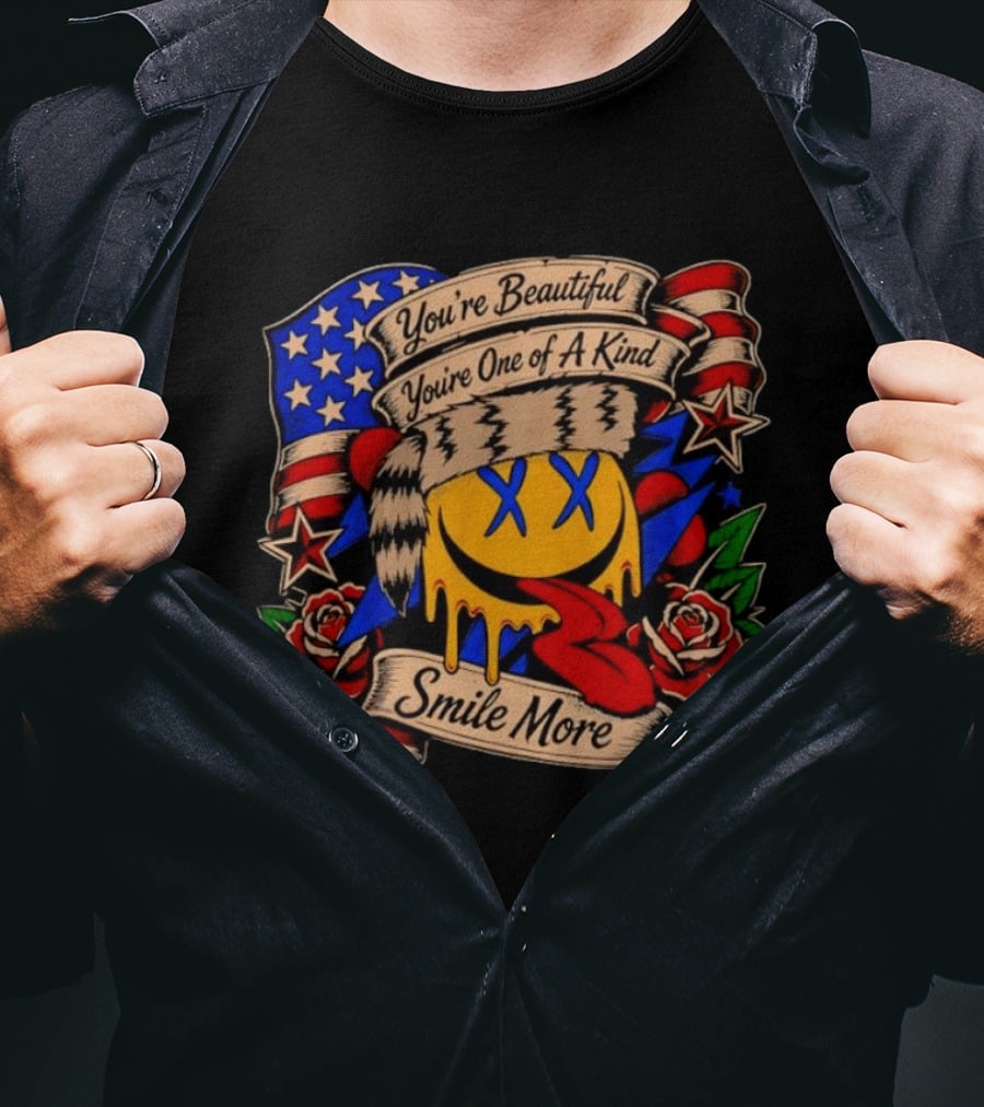 Smile More You're Beautiful You're One Of A Kind American Flag Roses Smiley Face T-Shirt