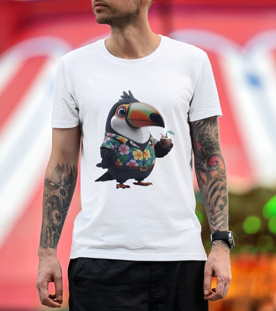 Cartoon Toucan In Hawaiian With Tropical Coconut Drink T-Shirt