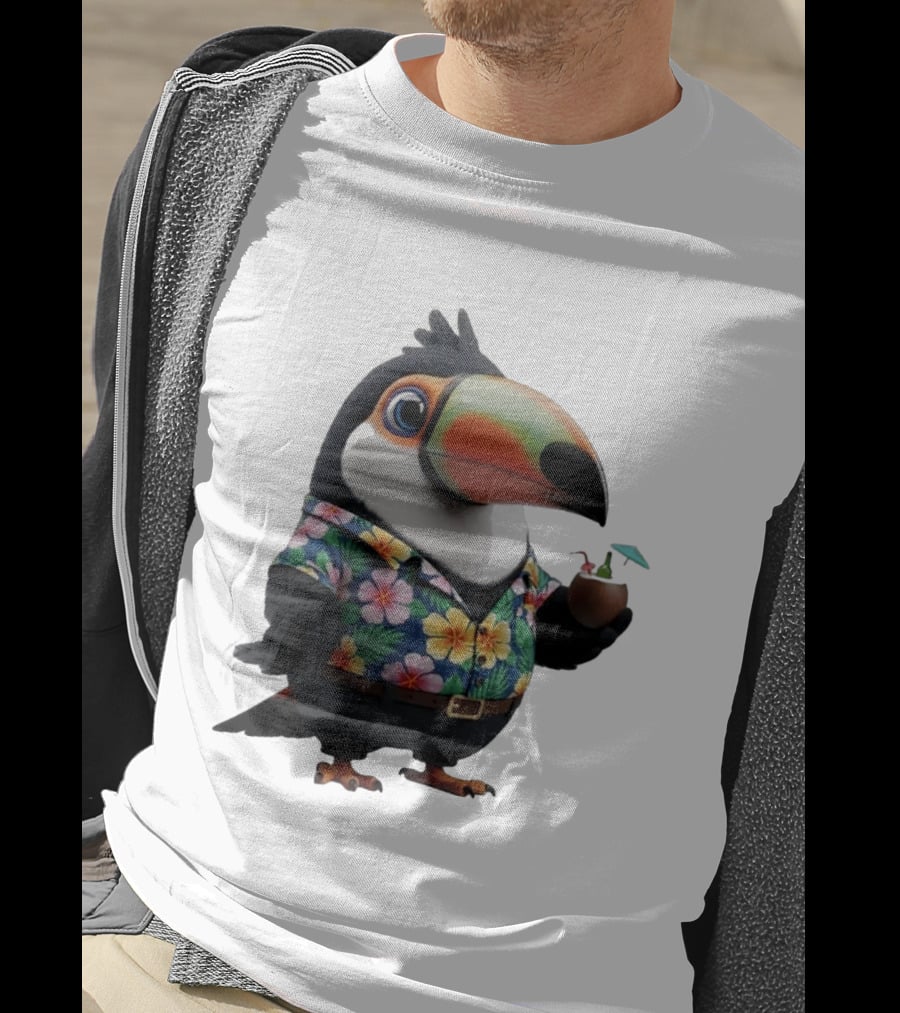 Cartoon Toucan In Hawaiian With Tropical Coconut Drink T-Shirt