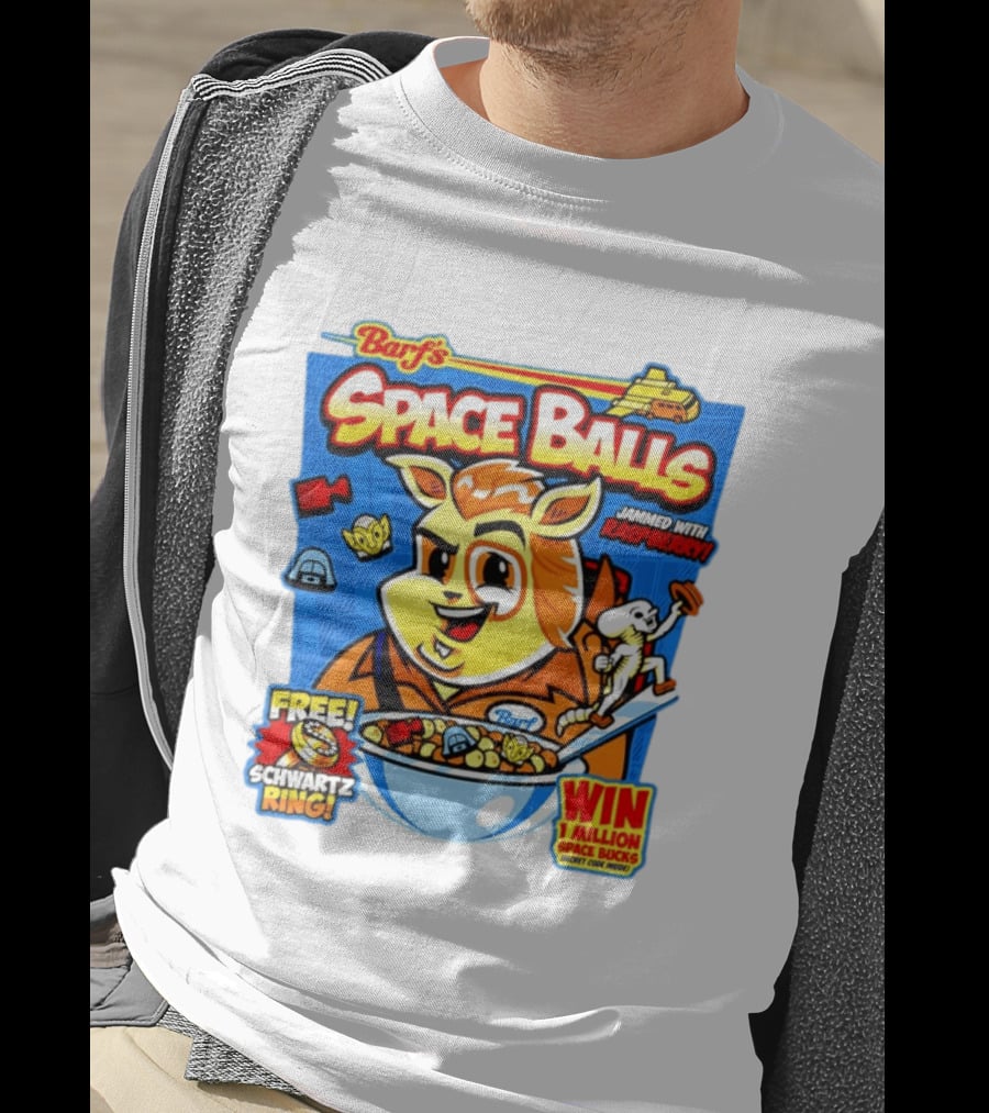 Barf Space Balls Cereal Box Jammed With Raspberry Free Schwartz Ring Win 1 Million Space Bucks T-Shirt