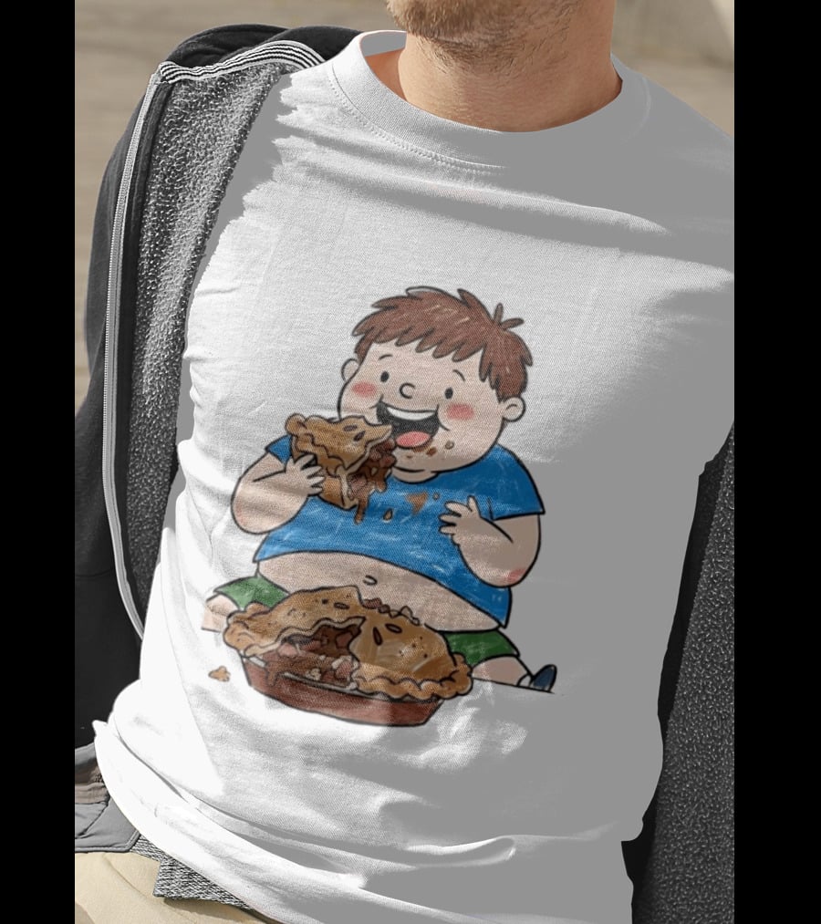 Funny Eating Pies Cartoon Boy Indulging In Delicious Pastry T-Shirt