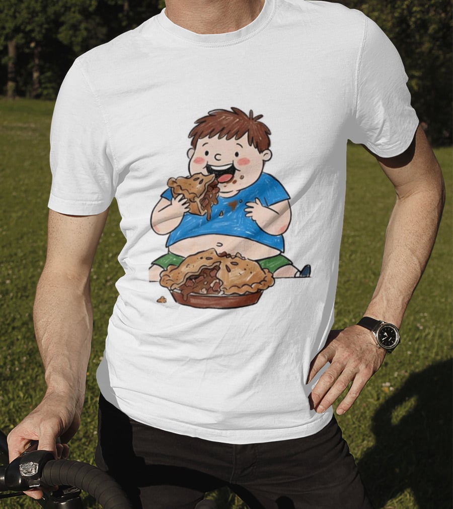 Funny Eating Pies Cartoon Boy Indulging In Delicious Pastry T-Shirt