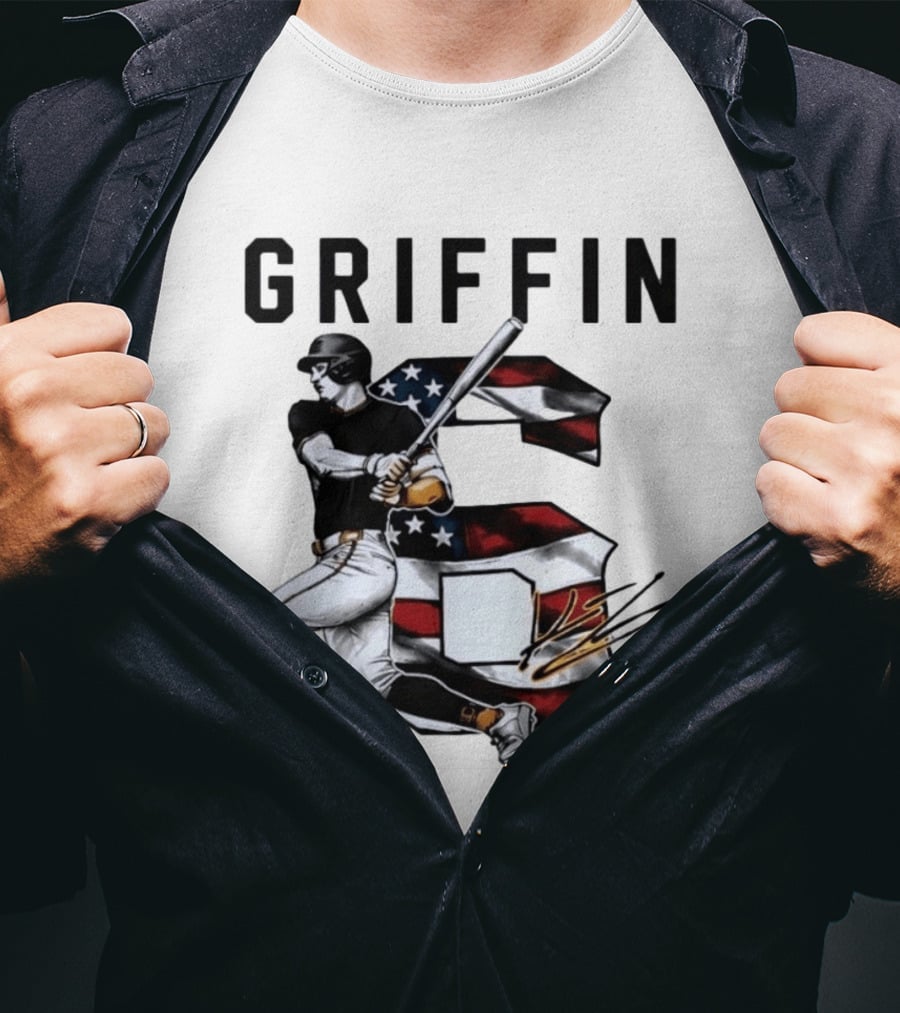 Griffin Baseball Player Swinging Bat American Flag Number 6 T-Shirt