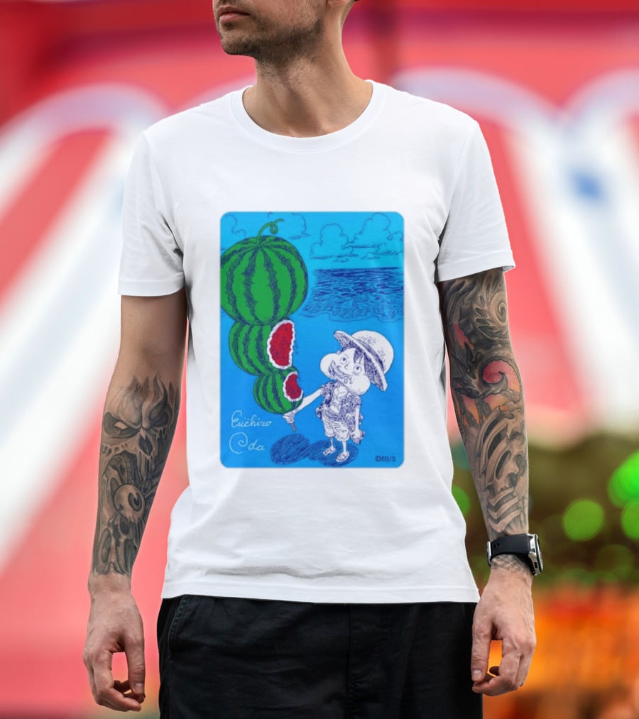 Monkey D Luffy Watermelon Eating Art By Eiichiro Oda One Piece Ocean Scene T-Shirt