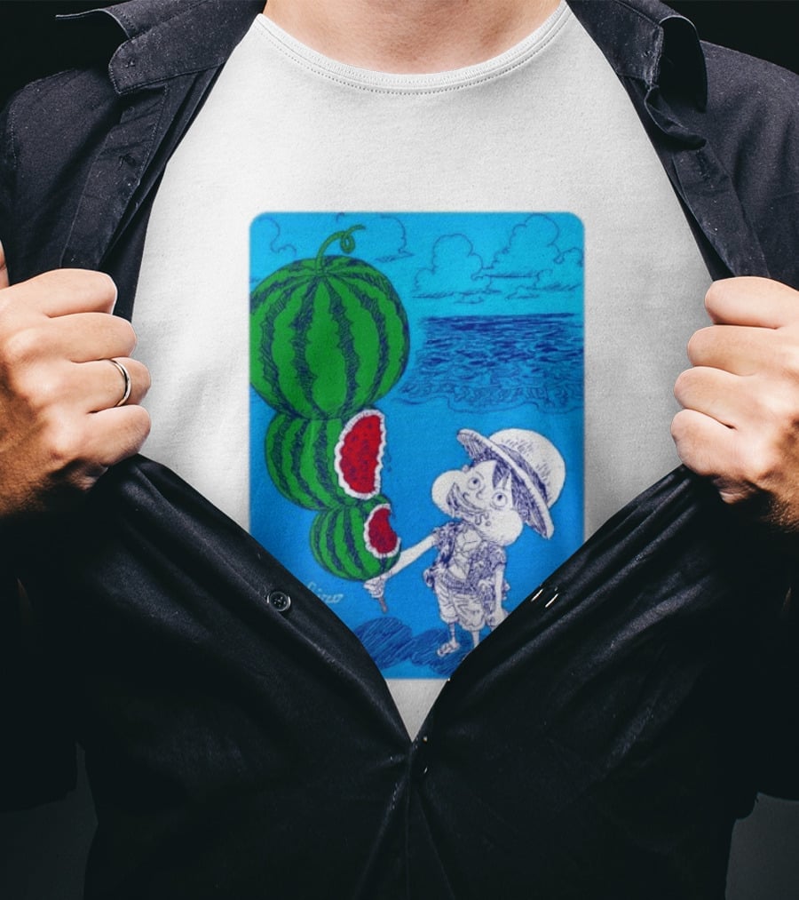Monkey D Luffy Watermelon Eating Art By Eiichiro Oda One Piece Ocean Scene T-Shirt