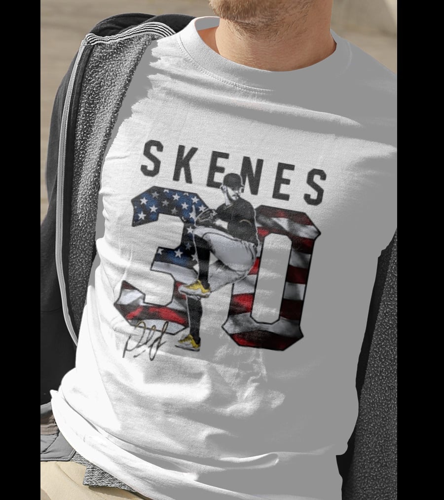 Skenes 30 Pitching Pose Pittsburgh Pirates American Flag Baseball T-Shirt