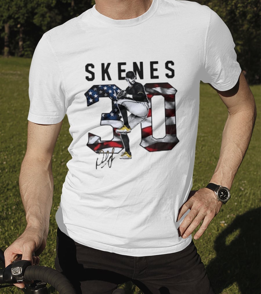 Skenes 30 Pitching Pose Pittsburgh Pirates American Flag Baseball T-Shirt
