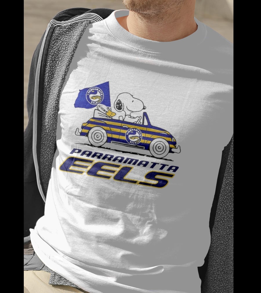 Snoopy Driving Car With Parramatta Eels Flag National Rugby League T-Shirt