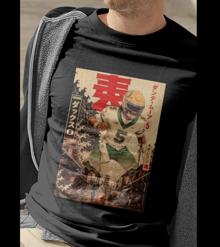Dante Moore Number 5 Oregon Ducks Football Japanese Art Style Rugged City Scene T-Shirt