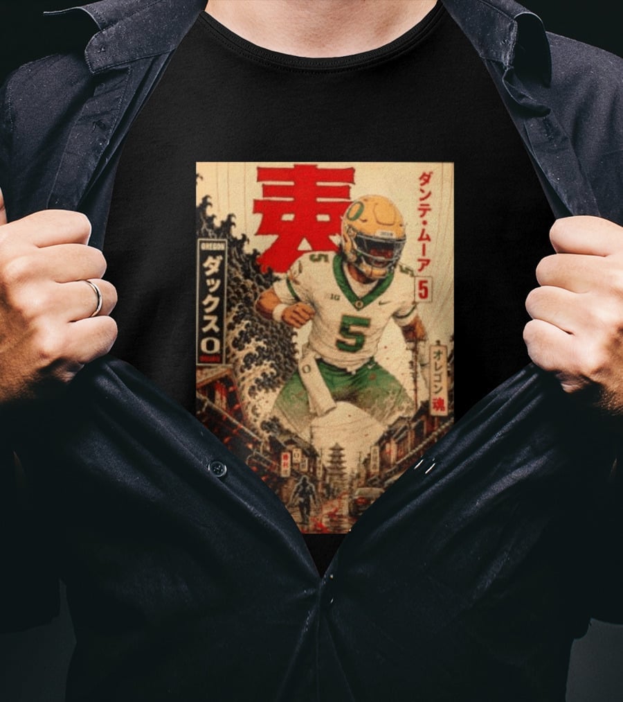 Dante Moore Number 5 Oregon Ducks Football Japanese Art Style Rugged City Scene T-Shirt