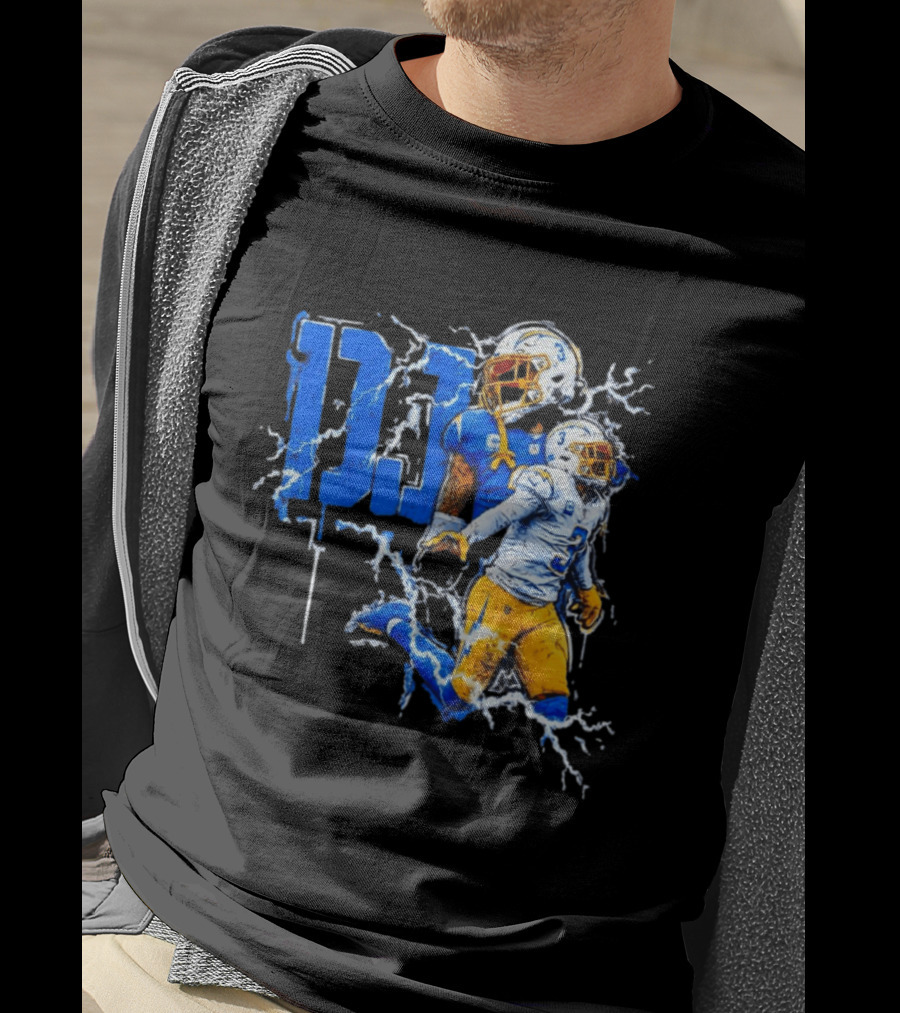 Derwin James Chargers Football Lightning DJ Bold Blue Yellow Action Splash T-Shirt