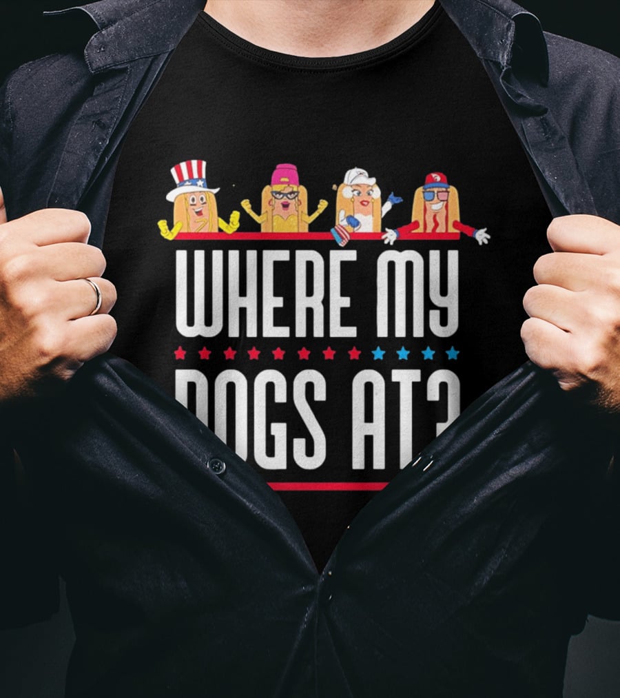 Independence Day Party Friends Where My Dogs At Patriotic Hotdog Characters T-Shirt