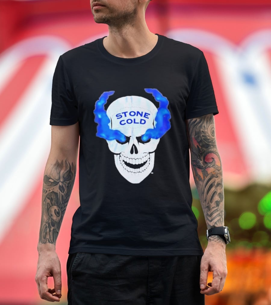 Stone Cold Skull WWE Wrestling Iconic Blue Flames T-Shirt