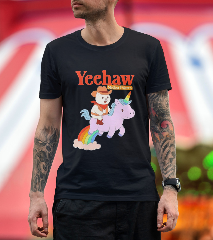 Yeehaw Motherfuckers Cat Cowboy On Rainbow Unicorn T-Shirt