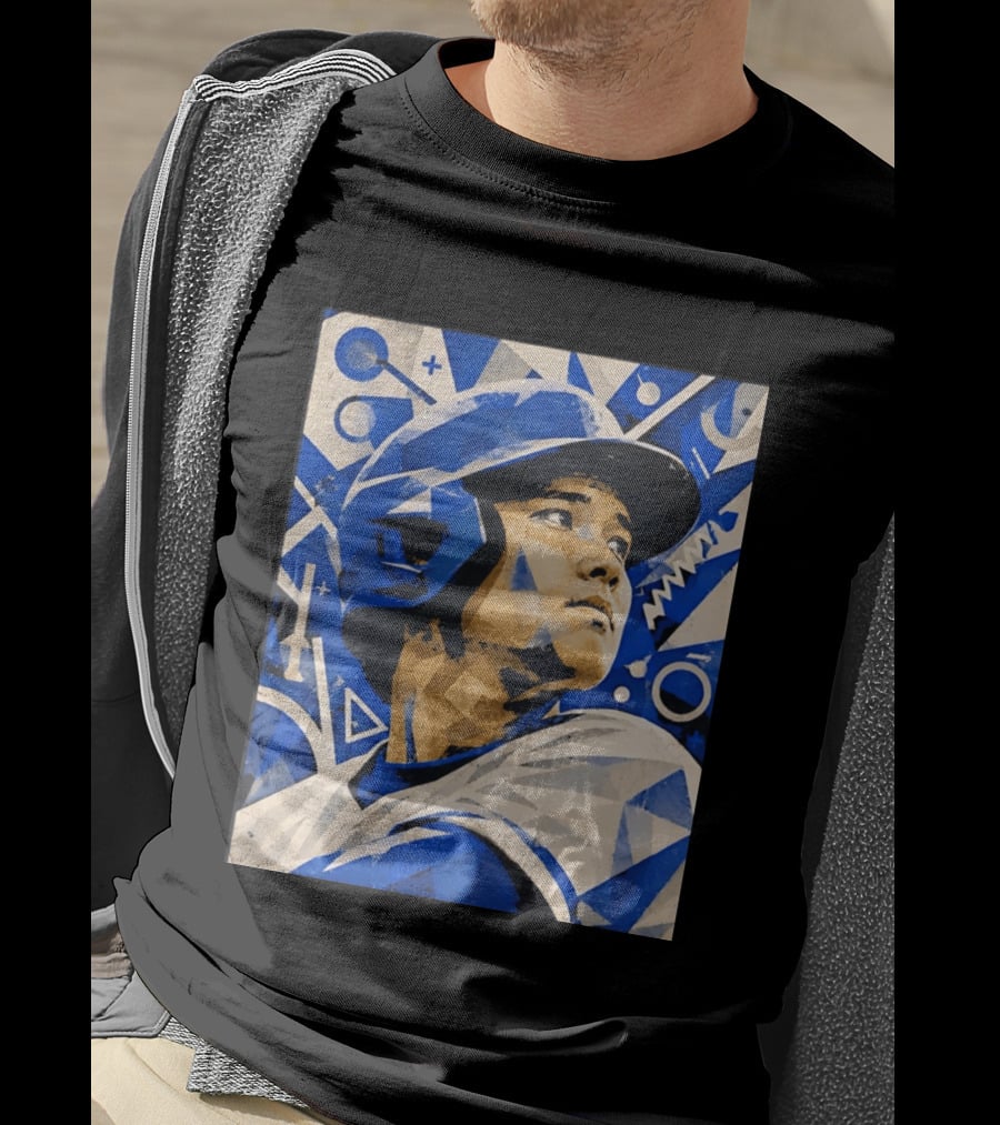 Baseball Player In Geometric Blue Abstract T-Shirt