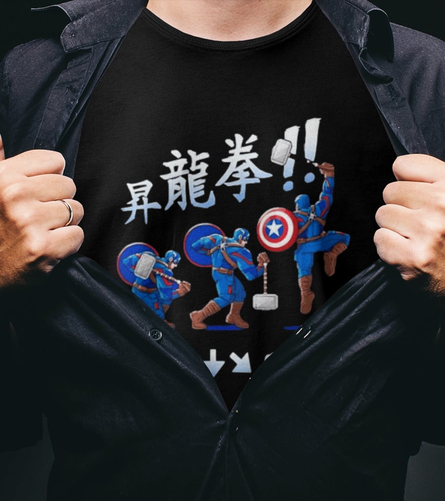 Captain America Marvel Shoryuken Combo Move Hammer And Shield Action T-Shirt