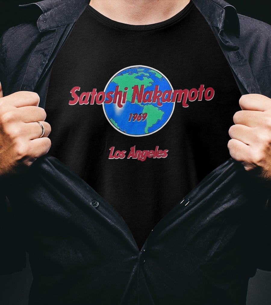 Satoshi Nakamoto 1969 Los Angeles World Map T-Shirt