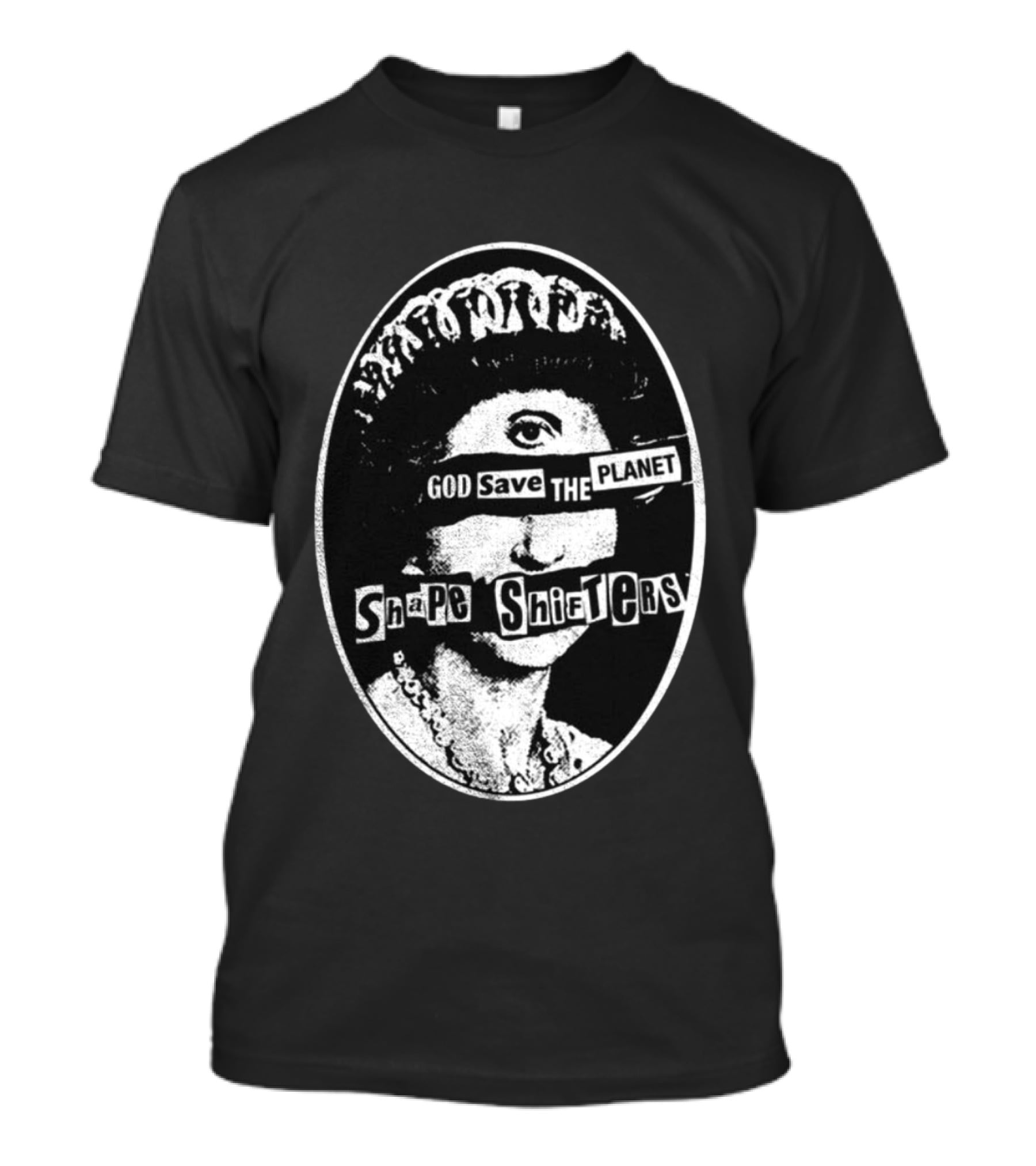 God Save The Planet Shape Shifters Queen Elizabeth Iconic Collage T-Shirt