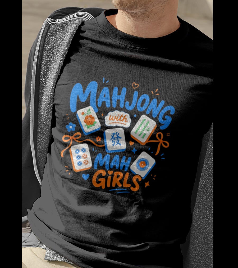 Mahjong With Mah Girls Flower And Bamboo Tiles Game Night T-Shirt