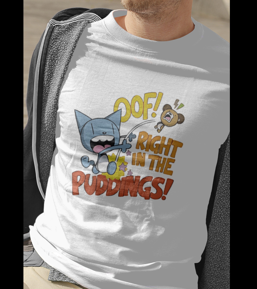 Looshkin Oof Right In The Puddings Funny Cat And Bear Cartoon Humor T-Shirt