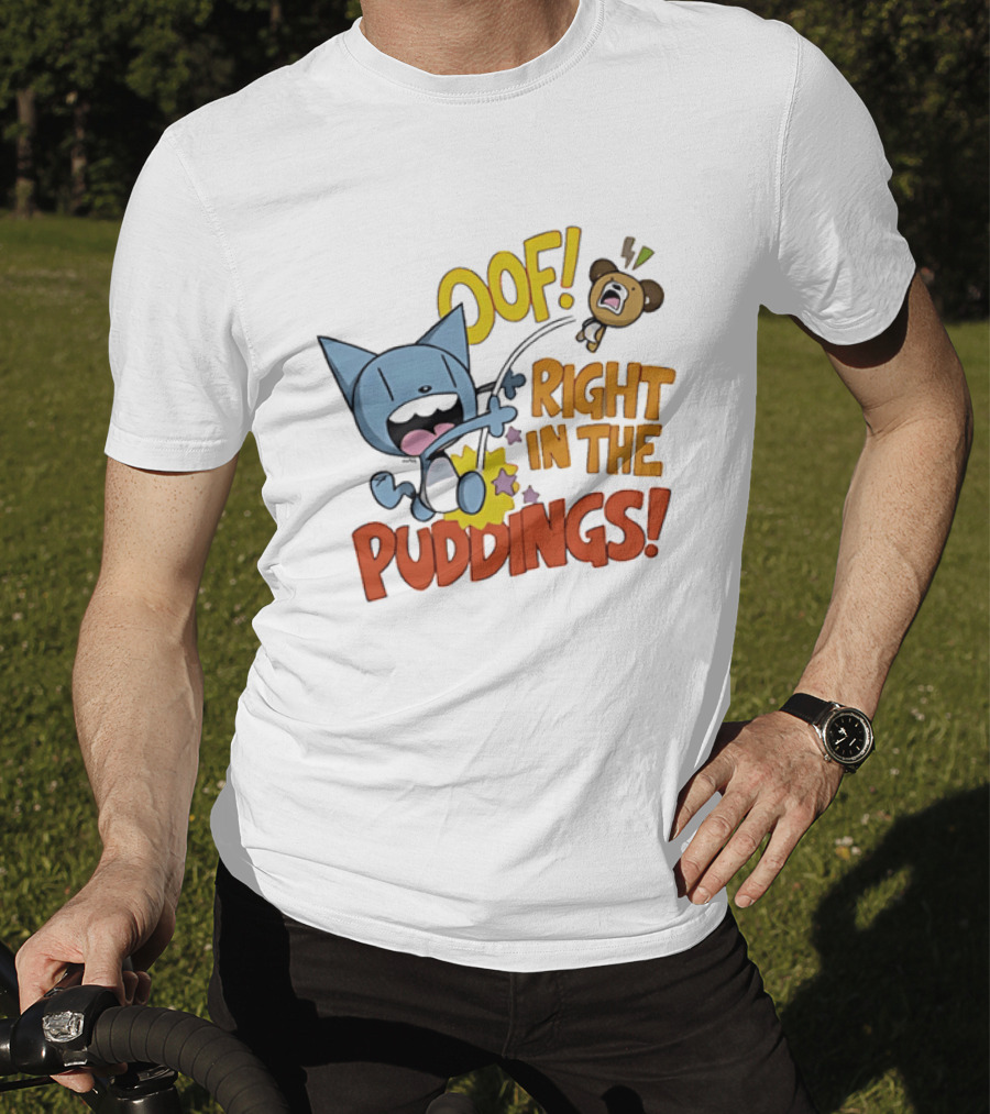 Looshkin Oof Right In The Puddings Funny Cat And Bear Cartoon Humor T-Shirt