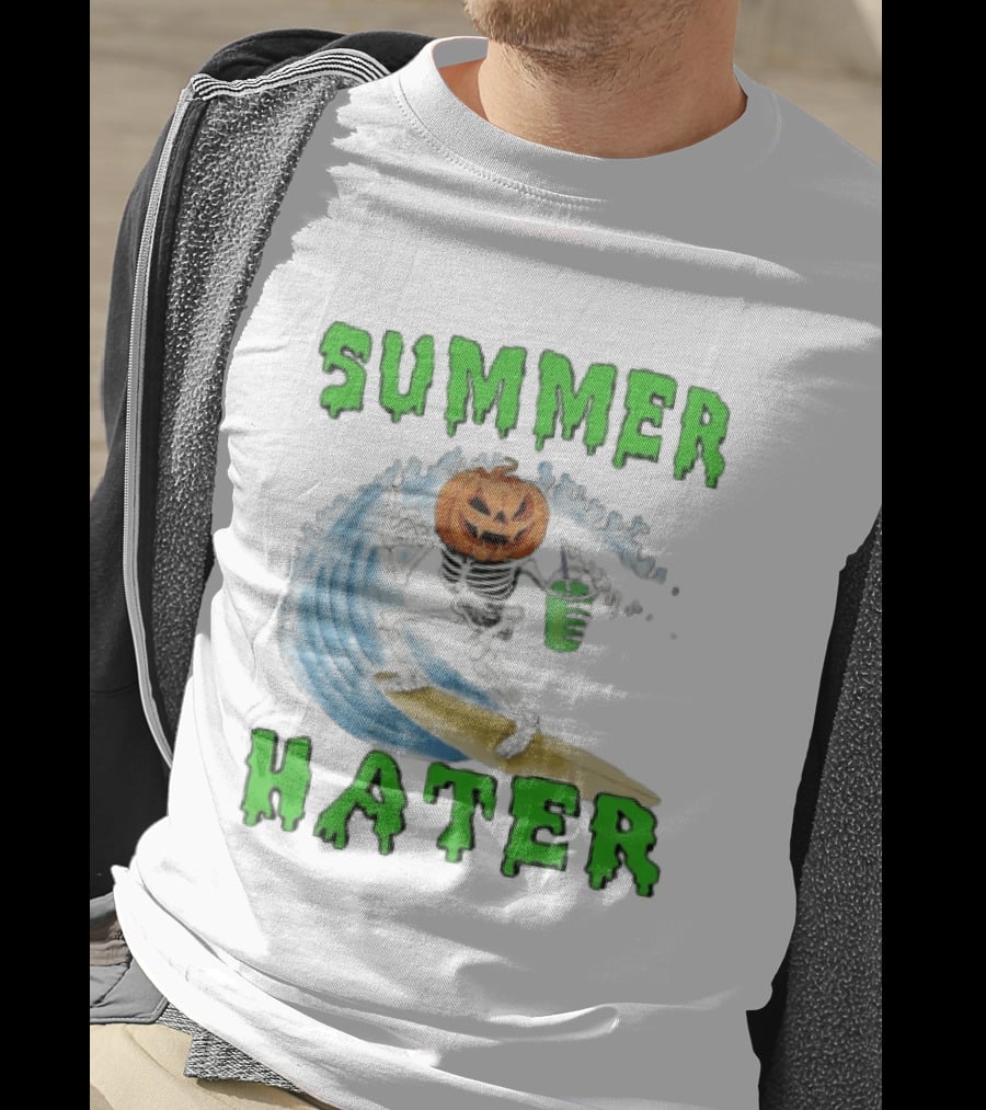 Skeleton With Pumpkin Head Surfing Wave Summer Hater T-Shirt